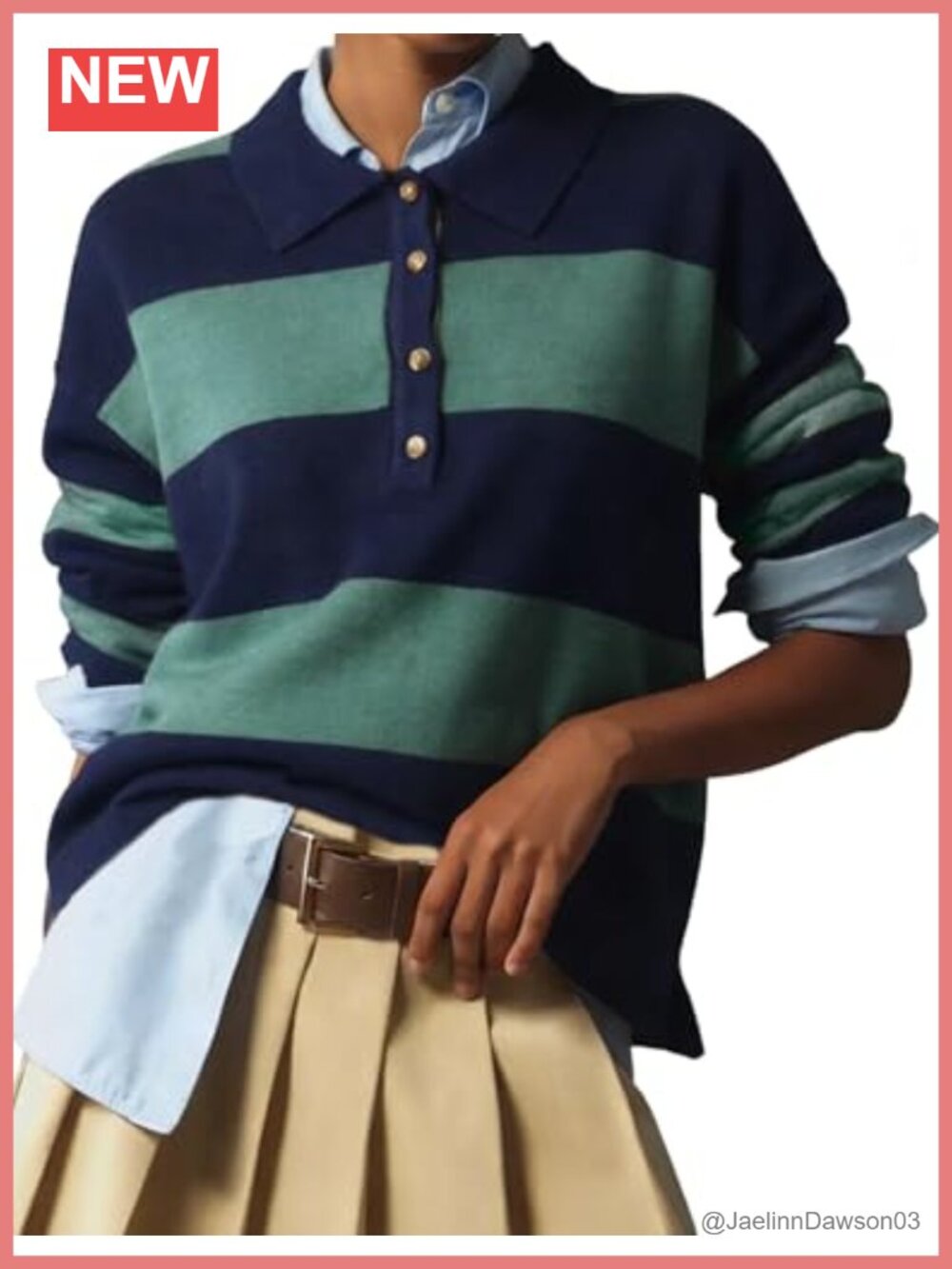 Rugby Polo Sweater V-Neck Button Front Striped Relaxed Fit